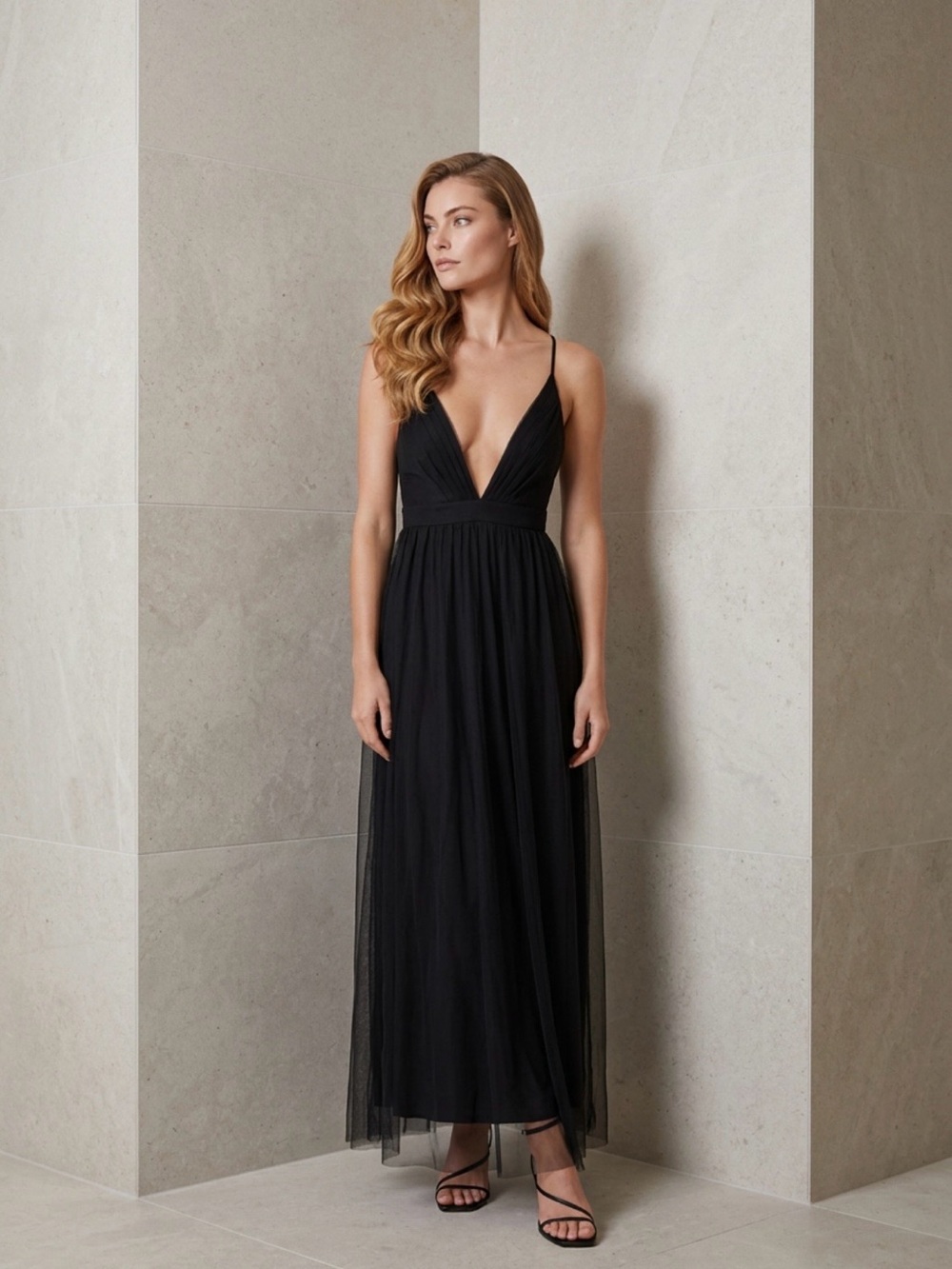 LUXXEL Elegant Maxi Black Spaghetti-Strap Evening Dress.